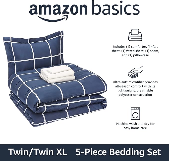 Amazon Basics 5-Piece Lightweight Microfiber Comforter Set with Sheets, Bed-in-a-Bag, Navy with Grey Plaid Bedding, Twin/Twin XL