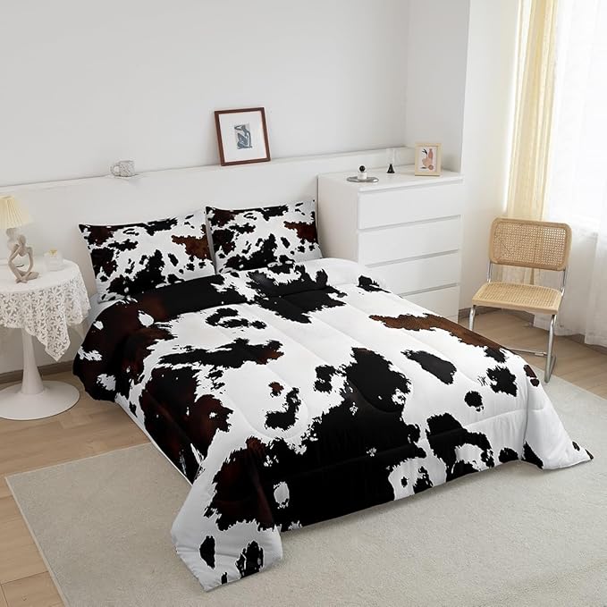 Feelyou Black Cow Fur Printed Comforter Set for Kids Boys Girls Western Cowboy Comforter Cowhide Pattern Bedding Set King Size Bedroom Decor Farm Animal Skin Duvet Set Quilt Set 3Pcs