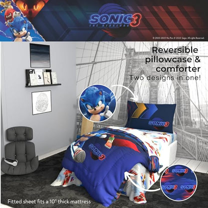 Sonic The Hedgehog 3 Movie Kids Bedding Super Soft Comforter and Sheet Set, 4 Piece Twin Size, (Officially Licensed Product) by Franco | Durable, Reversible, Officially Licensed