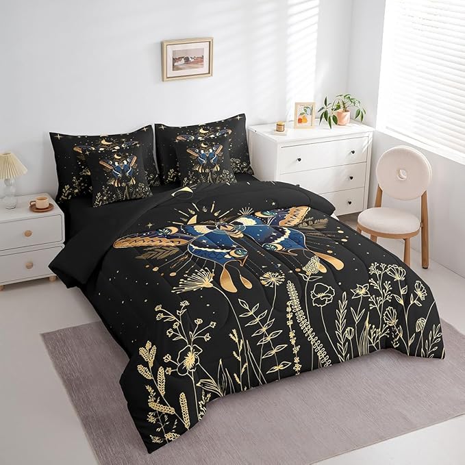 Erosebridal Butterfly 7 Piece Bed in a Bag Full,Flower Weed Botanical Comforter Set for Adult Women Men,Black Starry Sky Flat Fitted Sheet Boho Exotic Moon Star Reversible Bedding Set Room Decor