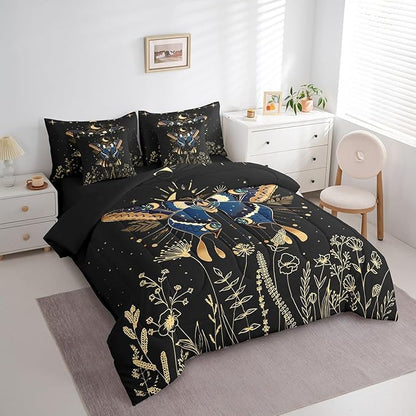 Erosebridal Butterfly 7 Piece Bed in a Bag Queen,Flower Weed Botanical Comforter Set for Adult Women Men,Black Starry Sky Flat Fitted Sheet Boho Exotic Moon Star Reversible Bedding Set Room Decor