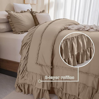 Masaca Oversized King Comforter 120x120,3 Pieces Farmhouse Ruffle Bedding Comforter,Light Taupe Shabby Boho Chic Oversized Comforter King Size,Lightweight Soft Microfiber Cal King Bedding Set