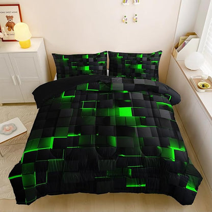 Neon Green Black Comforter Set Twin Geometric Kids Bedding Set,3 PCS Geometry Honeycomb Bed Set Modern Quilt Set 1 Comforter 2 Pillow Cases Cool Room Decor All Season B-Side Black