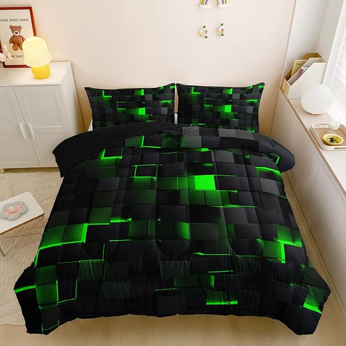 Neon Green Black Comforter Set Full Geometric Kids Bedding Set,3 PCS Geometry Honeycomb Bed Set Modern Quilt Set 1 Comforter 2 Pillow Cases Cool Room Decor All Season B-Side Black