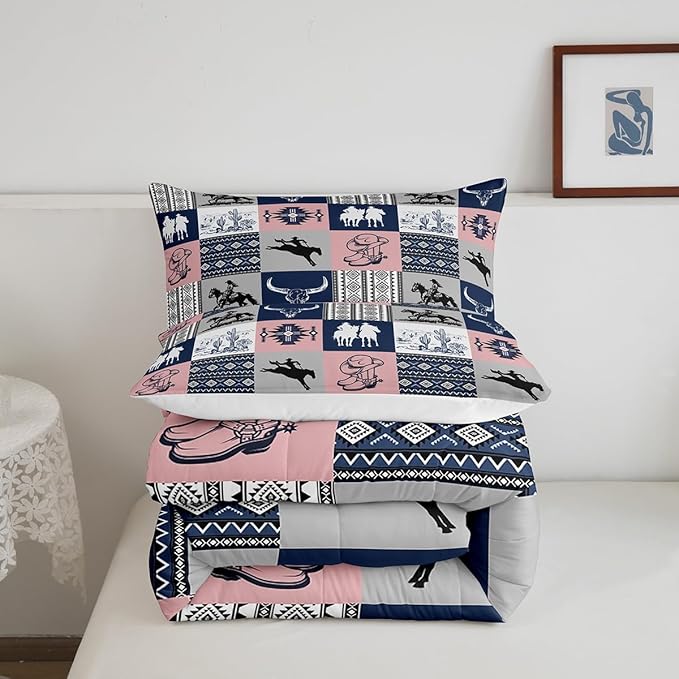 Southwestern Comforter Set King Size,Navy Blue Pink Plaid Patchwork Bedding Set 3Pcs,Cowboy Cow Skull Cactus Quilt Set for Boys Girls Men Room Decor,Vintage Rustic Duvet Insert,2 Pillowcases