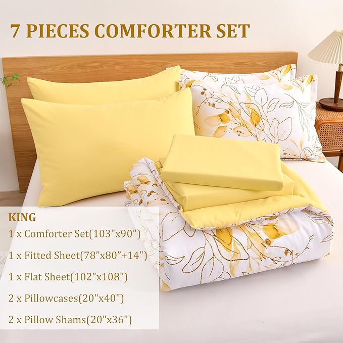 WONGS BEDDING Yellow Comforter Set King, 7 Pieces Botanical Bed in a Bag Comforter Gloden Leaves Bedding Set Soft Microfiber King(1 Comforter,2 Pillowcase,2 Pillow Shams,1 Flat Sheet,1 Fitted Sheet)