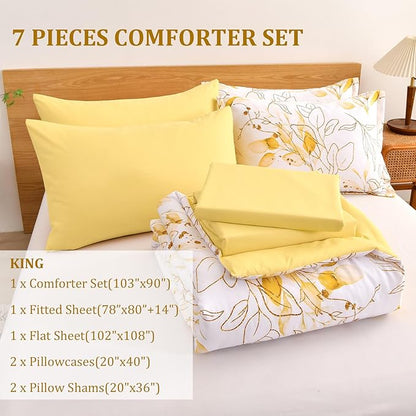 WONGS BEDDING Yellow Comforter Set King, 7 Pieces Botanical Bed in a Bag Comforter Gloden Leaves Bedding Set Soft Microfiber King(1 Comforter,2 Pillowcase,2 Pillow Shams,1 Flat Sheet,1 Fitted Sheet)