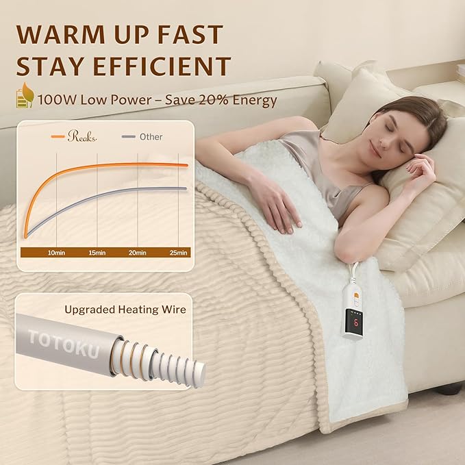 Reaks Electric Heated Blanket Twin, Silky Soft Flannel & Sherpa Twin Electric Blanket with 9 Heat Levels & 2-10 Hours Auto Off, Warm Gifts for Women Mom Grandma, ETL Certified (62x84 inches, Beige)