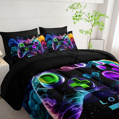 Video Game Comforter Set Full，Game Themed Bedding 7 Pieces Sets for Boys，Game Over Bedroom Decor，(1 Comforter, 1 Flat Sheet, 1 Fitted Sheet, 2 Pillowcase and 2 Pillow Sham)