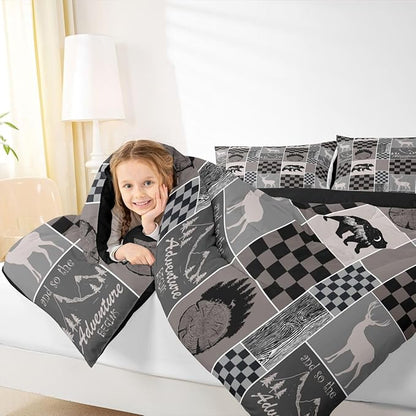 Cabin Bear Deer Comforter Set For Boys, Rustic Retro Country Animal Quilt King Size, Hunting Camper Lodge Bedding Comforter Sets Adventure Vintage Western Farmhouse Duvet Insert, Brown Gray Black