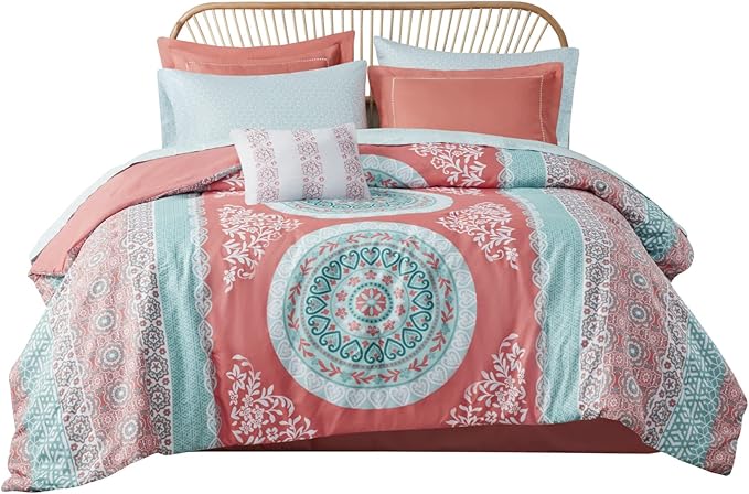 Intelligent Design Complete Bed In A Bag Casual Boho Comforter with Sheet Set Decorative Pillow, All Season Bedding Set, Twin XL, Loretta Coral 7 Piece