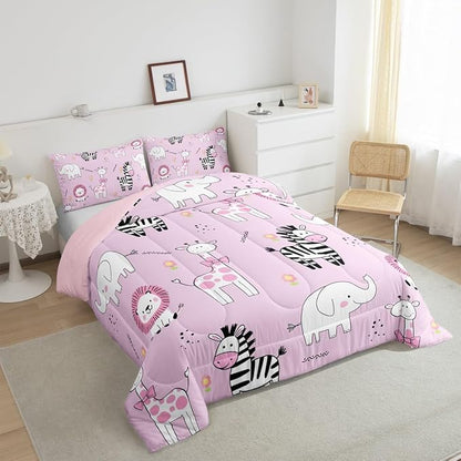 jejeloiu Pink Zoo Animals Bedding Set Full Size Cartoon Cute Comforter Set for Kids Boys Girls Giraffe Lion Zebra Elephant Duvet Set Flower Quilt Set 3Pcs