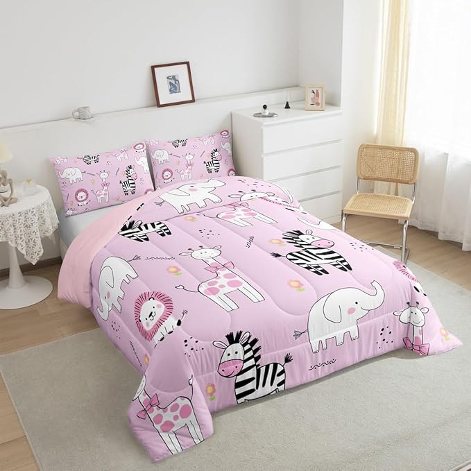 jejeloiu Pink Zoo Animals Bedding Set Twin Size Cartoon Cute Comforter Set for Kids Boys Girls Giraffe Lion Zebra Elephant Duvet Set Flower Quilt Set 2Pcs