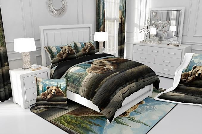 Erosebridal Nature Forest Bear Comforter Set King Size Wild Animals Forest Bedding Set for Child Boys Girls | Rustic Cabin Woodland Brown Bear Comforter Mountain Hunting Wildlife Duvet Insert