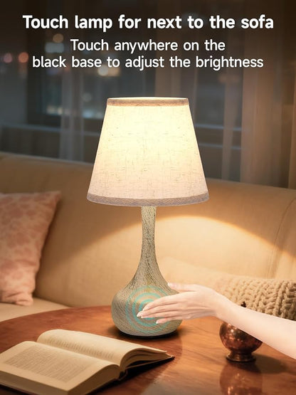 3-Way Dimmable Touch Table Lamps for Nightstand - Small Bedside Lamps with Fabric Shade in Black, Farmhouse Style Desk Lamp for Bedroom, Kids Room, Living Room, Home Office & Reading (White)