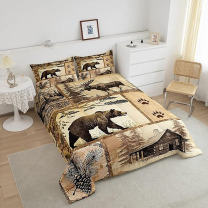 Feelyou Western Rustic Bear Comforter Set Twin Size, Wooden Board Farmhouse Duvet Insert, Forest Animal Wildlife Hunting Country Brown Patchwork Bear Paw Print Quilt,1 Comforter 1 Pillow Shams