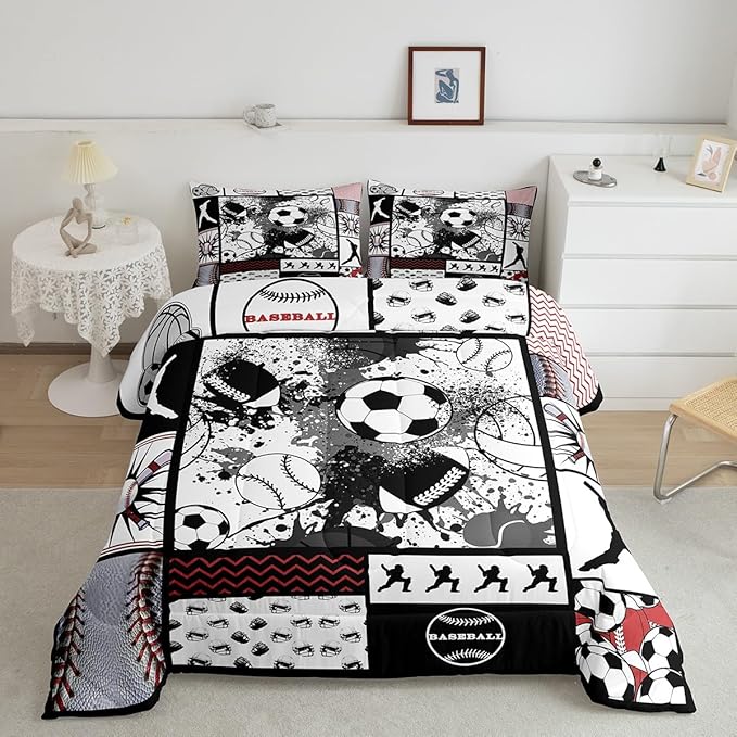 Feelyou Football Comforter Set Toddler Size Basketball Comforter for Boys Girls Teens Rugby Sports Bedding Set Baseball Duvet Set Room Decor Balck White Grey Mixed Ball Quilt Set