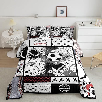 Feelyou Football Comforter Set Toddler Size Basketball Comforter for Boys Girls Teens Rugby Sports Bedding Set Baseball Duvet Set Room Decor Balck White Grey Mixed Ball Quilt Set