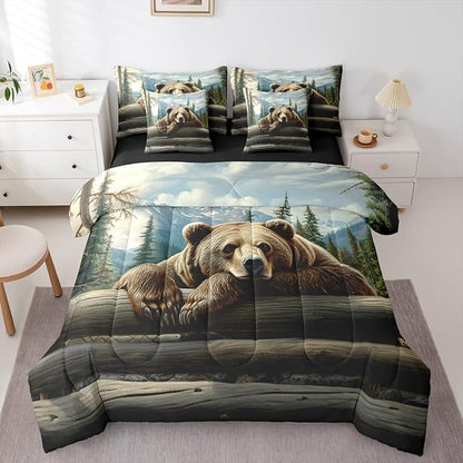 Erosebridal Nature Forest Bear 7 Piece Comforter Set Twin Size Wild Animals Forest Bedding Set for Child Boys Girls | Rustic Cabin Woodland Brown Bear Sheets Mountain Hunting Wildlife Duvet Insert