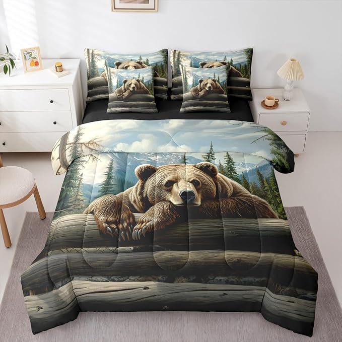 Erosebridal Nature Forest Bear 7 Piece Comforter Set Full Size Wild Animals Forest Bedding Set for Child Boys Girls | Rustic Cabin Woodland Brown Bear Sheets Mountain Hunting Wildlife Duvet Insert