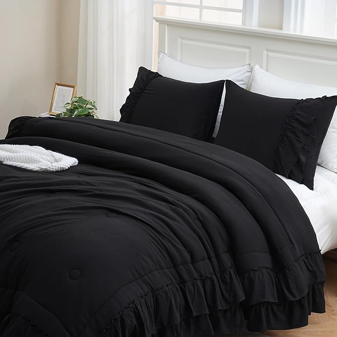Black Comforter Set Queen Boho Bedding Set Shabby Chic 2 Layers Ruffled Bedroom Home Decor Ultra Soft Microfiber Farmhouse Down Comforter Bohemian Quilt Set