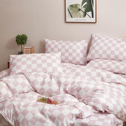 CLOTHKNOW Pink White Plaid Queen Comforter Set Grid Bedding Comforter Sets Soft Checkered Queen Comforter with 2 x Pillow Cases