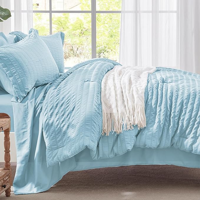 Zzlpp King Comforter Set 7 Pieces, Light Blue Seersucker Bed in a Bag with Comforter and 2 Sheets, All Season Bedding Sets with 1 Comforter, 2 Pillow Shams, 2 Pillowcases