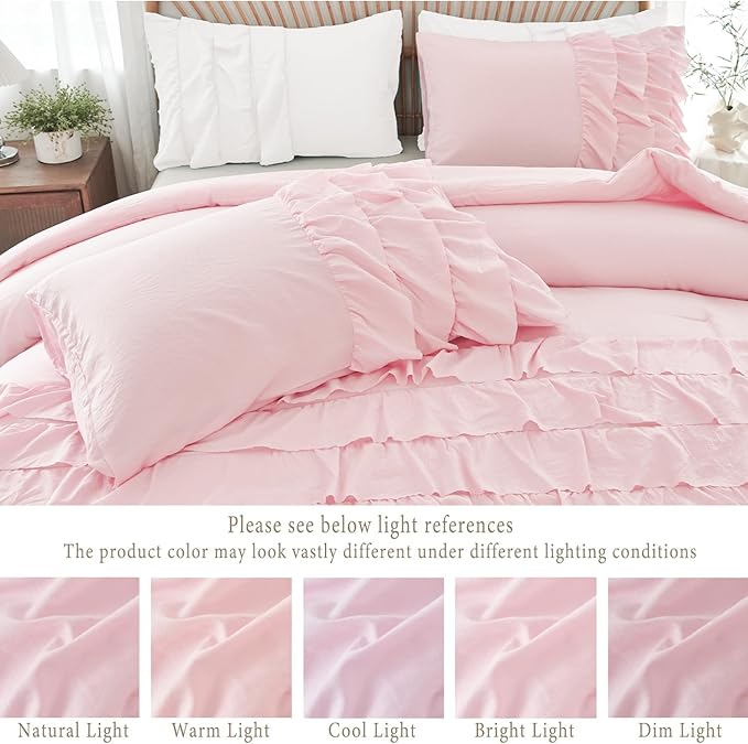 PERFEMET Pink Ruffled Comforter Set Full Multi-Layers Ruffle Bedding for Girls Princess Bedding Set Kids Chic Room Decor (Light Pink，Full)