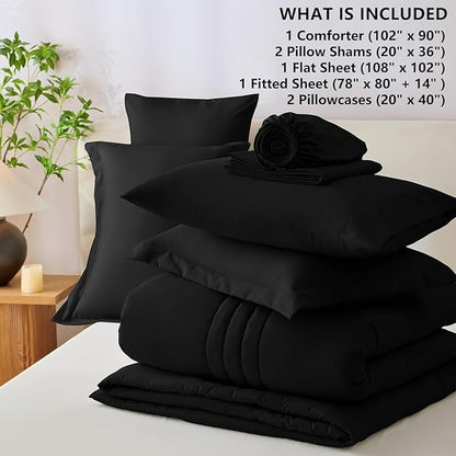 CozyLux King Size Comforter Sets - 7 Piece Bed in a Bag Black Comforter Set with Sheets Luxury Bed Set All Seasons, Soft Bedding Set with Down Alternative Comforter, Sheets, Pillowcases & Shams
