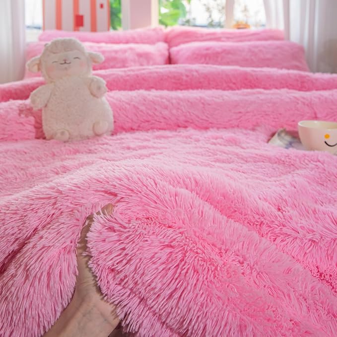 chovy Faux Fur Plush Pink Comforter Sets Full/Queen - Ultra Soft Shaggy Flannel Velvet Fluffy Fuzzy 3PC Bedding Sets （Comforter x 1 Pillowcases x 2）
