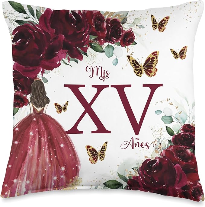 Chic Rich Burgundy Floral Quinceañera Mis XV 15 Años Throw Pillow