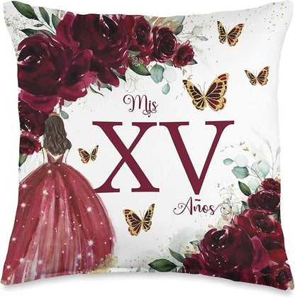 Chic Rich Burgundy Floral Quinceañera Mis XV 15 Años Throw Pillow