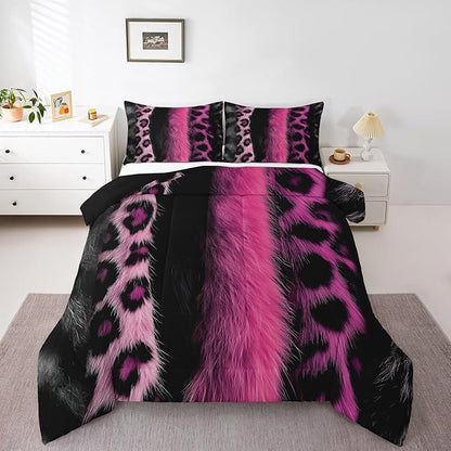 jejeloiu 3D Pink Leopard Bedding Set King Size Adult Leopard Comforter Set for Boys Girls Animal Print Duvet Set Wild Animal Fur Quilt Set 3Pcs