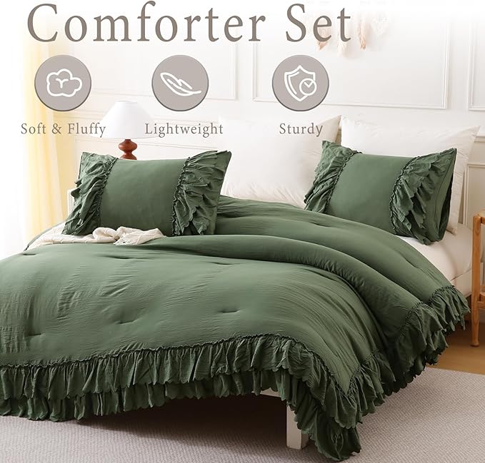Herside Olive Green Ruffle Comforter Set Queen Size,Shabby Chic Boho Bedding Sets, Soft Fluffy Comforters Sets for All Season,Vintage Ruffled 3 Pcs Microfiber Lightweight Quilt Set for Women Girls
