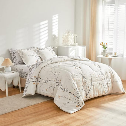 UOZZI BEDDING Cream White Bed in a Bag King 7 pc Branch Style All Season Soft Microfiber Reversible Bed Comforter Set (1 Comforter 2 Pillow Shams 1 Flat Sheet 1 Fitted Sheet 2 Pillowcases)
