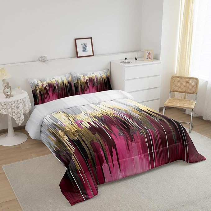 Hot Pink Purple Comforter Set Full Abstract Watercolor Bedding Set Gradient Stripe Bedding Comforter Sets Chic Vintage Aesthetic Duvet Set, Graffiti Oil Painting Modern Quilted Comforter for Kids Teen
