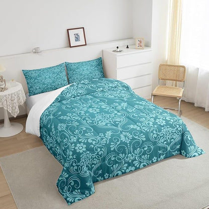 Feelyou Adults Teal Vintage Damask Floral Comforter Set Oriental Antique Comforter Twin Size Gothic Bohemia Boho Flower Bedding Set Bohemian Exotic Duvet Set Quilt Set 2Pcs