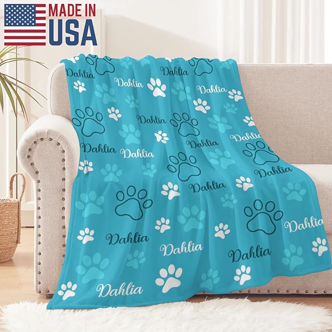 Personalized Dog Blankets with Name, Custom Paw Print Blanket for Large Medium Small Dogs Christmas, Birthday Gifts, Soft Throw Puppy Blanket - Customized Memorial Blanket Gifts for Pet Lovers