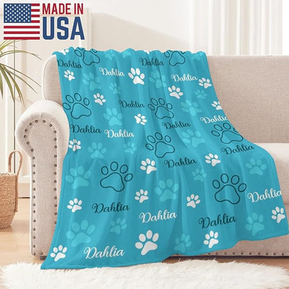 Personalized Dog Blankets with Name, Custom Paw Print Blanket for Large Medium Small Dogs Christmas, Birthday Gifts, Soft Throw Puppy Blanket - Customized Memorial Blanket Gifts for Pet Lovers