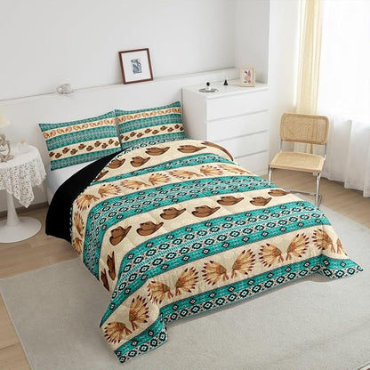 Feelyou Yellow Green Western Decor Bedding Set Southwestern Comforter Set Room Decor Cowboy Hat Feather Print Wild Western Cowboy Geometric Comforter Toddler Size Tribal Duvet Set 2Pcs