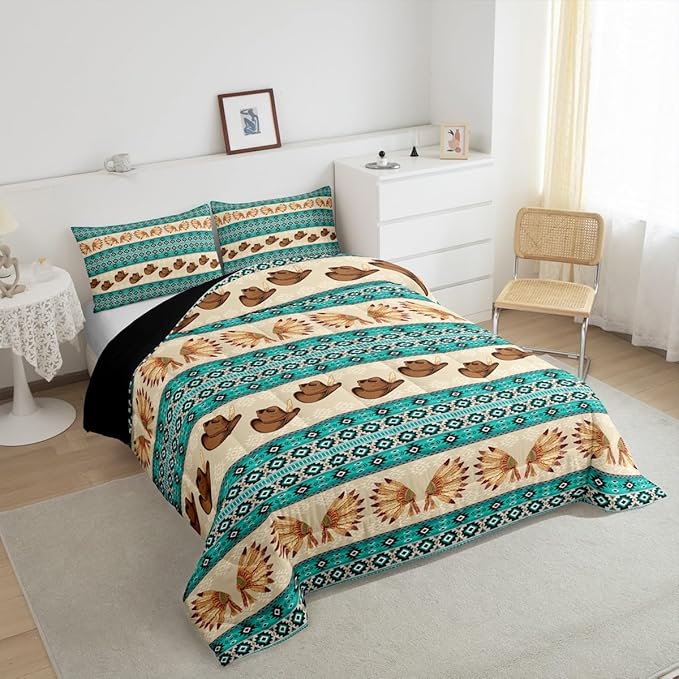 Feelyou Yellow Green Western Decor Bedding Set Southwestern Comforter Set Room Decor Cowboy Hat Feather Print Wild Western Cowboy Geometric Comforter Full Size Tribal Duvet Set 3Pcs