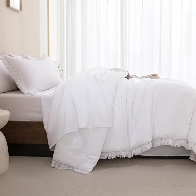 Andency Queen Comforter Set with Sheets White -7 Pieces Boho Tassel Bed in a Bag Soft Lightweight Bedding Sets, All Season Fringe Bed Set with Comforter, Sheets, Pillowcases & Shams