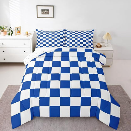 Feelyou Checkered Retro Bedding Set Teen Women Men Blue White Plaid Comforter Set Queen Size Kids Boys Girls Geometric Vintage Duvet Insert Modern Simple Groovy Aesthetic Room Decor