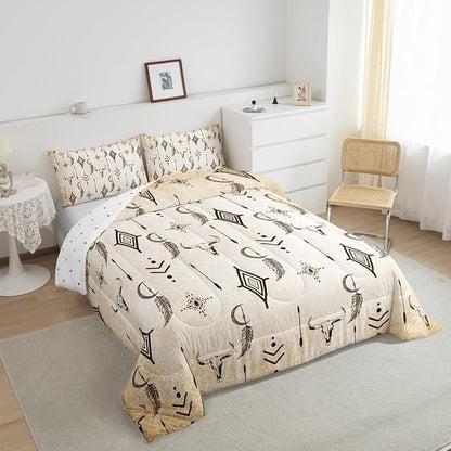 Feelyou Bull Skull Western Comforter Set Ethnic Horns Boho Toddler Size Bedding Set for Kids Adult Black Brown Tribal Symbol Mysterious Aztec Comforter