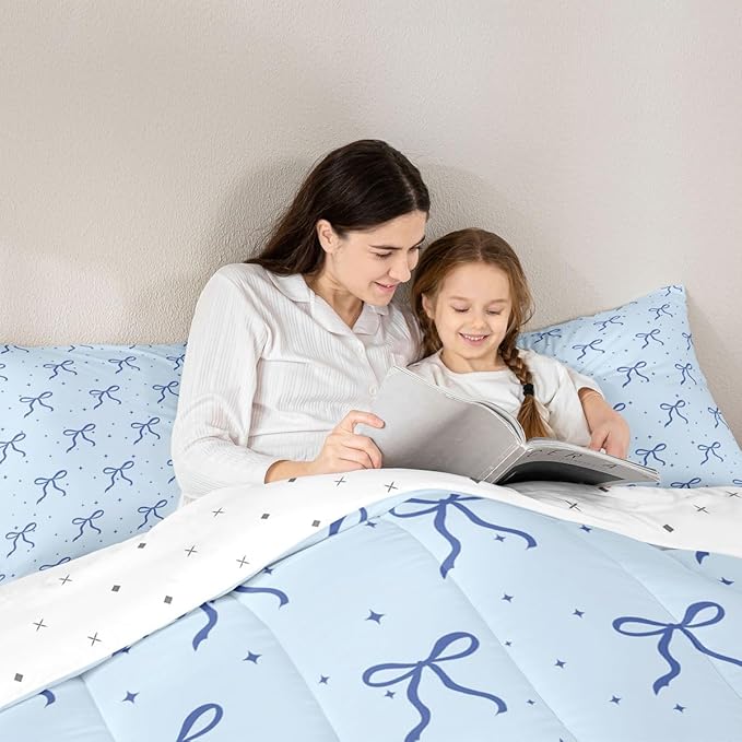 Erosebridal Blue Bow Comforter Set Queen Size Coquette Bows Bedding Set Trendy Cute Ribbon Bowknot Comforter for Teen Girls Kids Women Bedroom Girly Preppy Princess Quilt Duvet