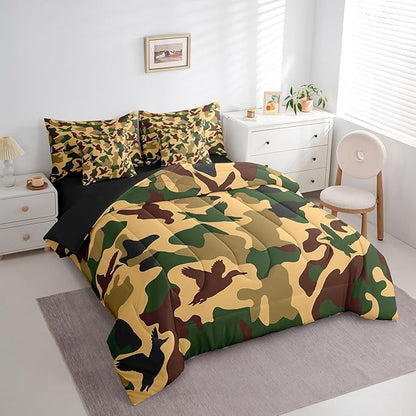 Erosebridal Camo Duck 7 Pcs Comforter Set King Size Camouflage Bedding for Kids Hunting Farmhouse Camping Sheet Set Bed in A Bag Vintage Army Green Yellow Room Decor Wild Animal Rustic Bed Set
