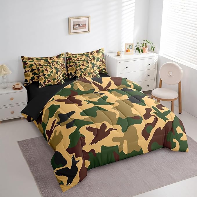 Erosebridal Camo Duck 7 Pcs Comforter Set Twin Size Camouflage Bedding for Kids Hunting Farmhouse Camping Sheet Set Bed in A Bag Vintage Army Green Yellow Room Decor Wild Animal Rustic Bed Set