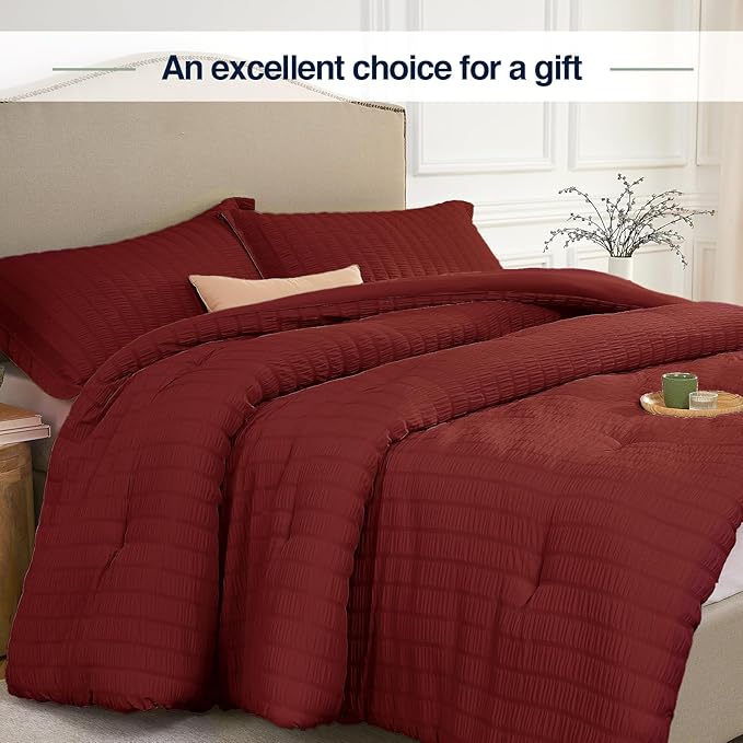 Full Size Comforter Set Dark Red,3PCS Seersucker Lightweight Bedding Comforter for All Season, Full Size(82''×86'' Comforter & 2 Pillowcases)
