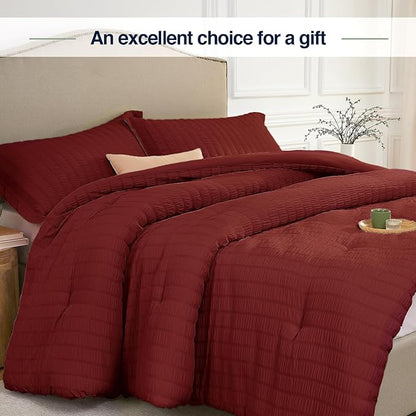 Full Size Comforter Set Dark Red,3PCS Seersucker Lightweight Bedding Comforter for All Season, Full Size(82''×86'' Comforter & 2 Pillowcases)