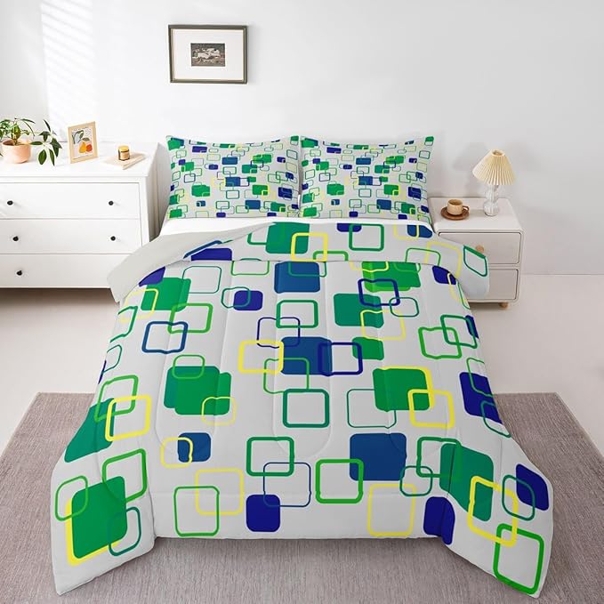 Erosebridal Green Geometric Comforter Set Queen Abstract Minimalist Square Bedding Set Modern Aesthetic Stripes Comforter for Kids Girls Boys Color Block Grid Quilt Duvet